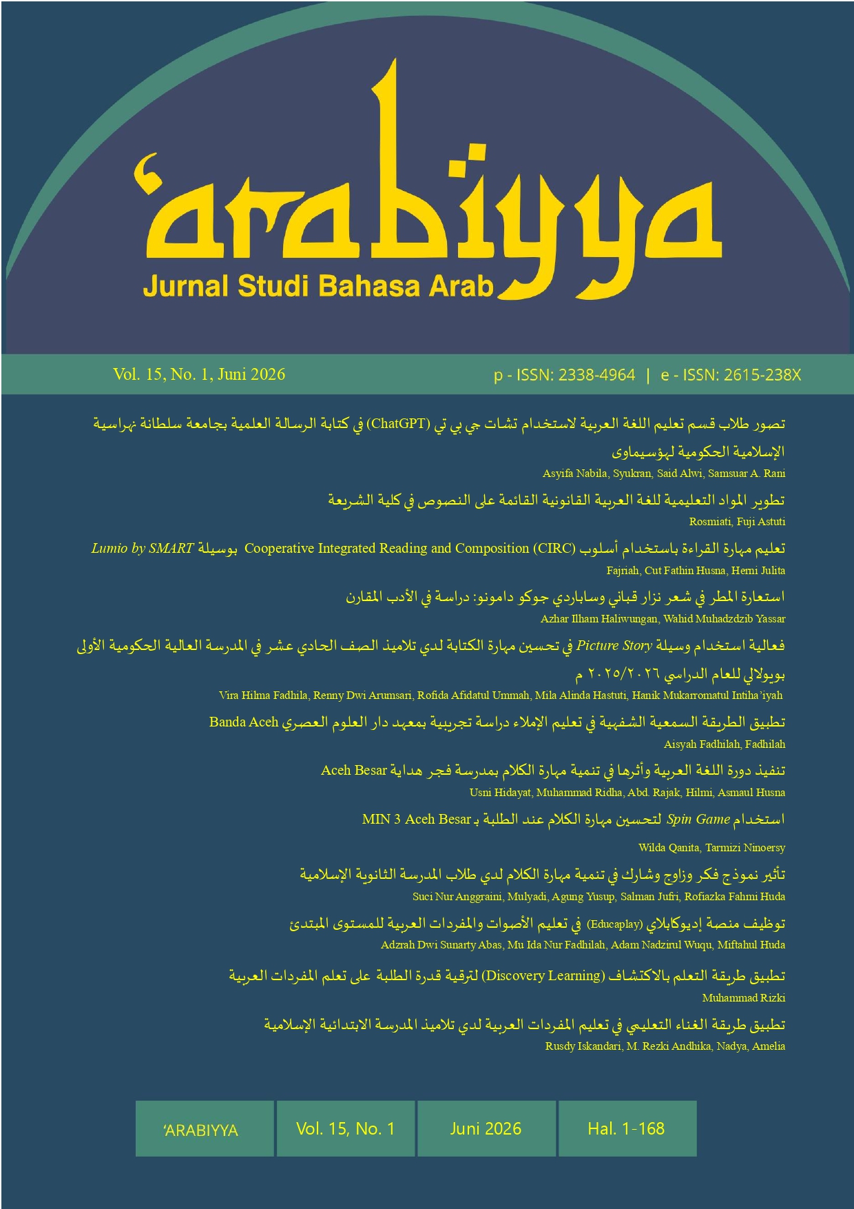 					View Vol. 15 No. 01 (2026): Arabiyya: Jurnal Studi Bahasa Arab
				